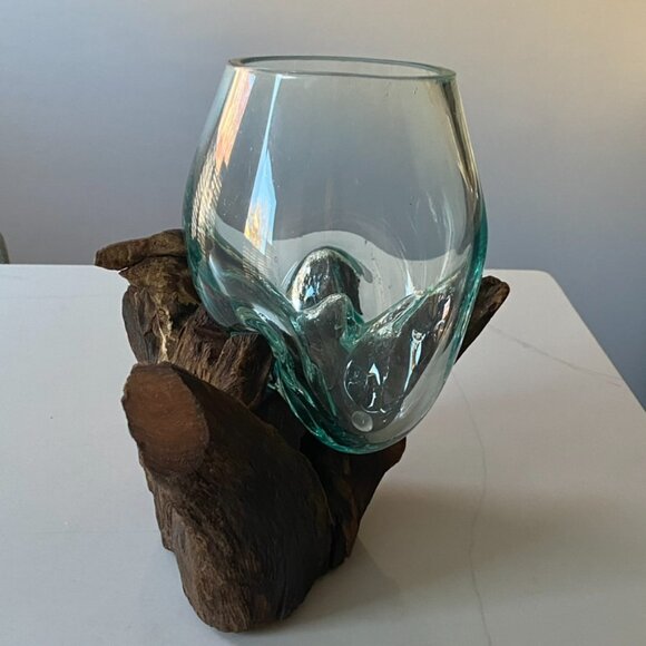 Handmade Art Glass Wood Vase Blown Molten Glass Bowl Teak Base Terrarium NEW - Picture 2 of 16
